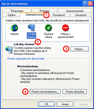 IE menu Opcje zabezpiecze