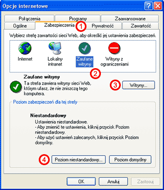 IE menu Opcje zabezpiecze