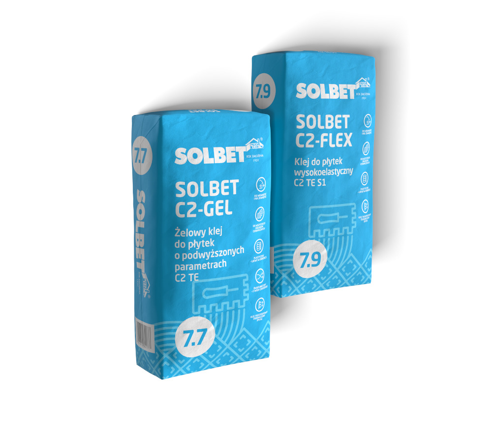 Klej do płytek SOLBET C2-GEL – Klej żelowy C2 TE 7.7 Klej do płytek SOLBET C2- FLEX – Klej wysokoelastyczny C2 TE S1 7.9